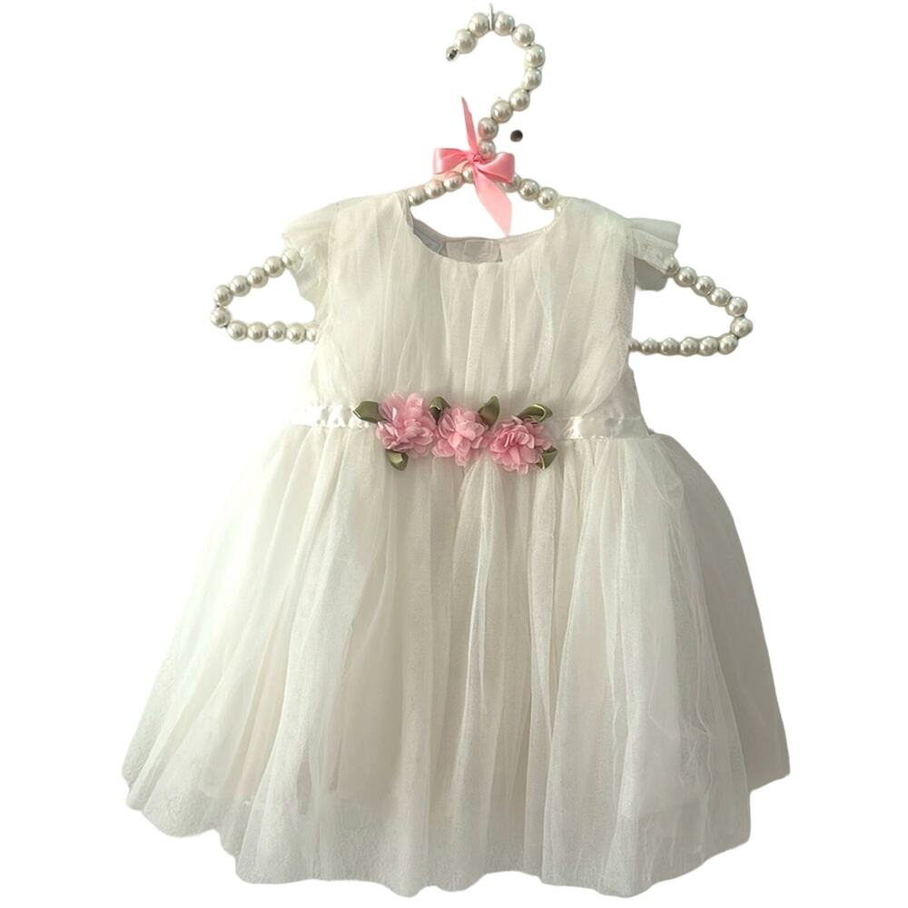 Formal Baby white puffy dress w/flowers wedding Flower girl dress 2T Easter